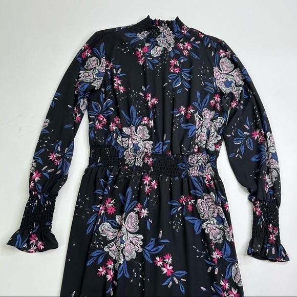 NANETTE LEPORE Black Mystic Blue Floral Smocked Mock Neck Chiffon High-Low Dress - Picture 4 of 16